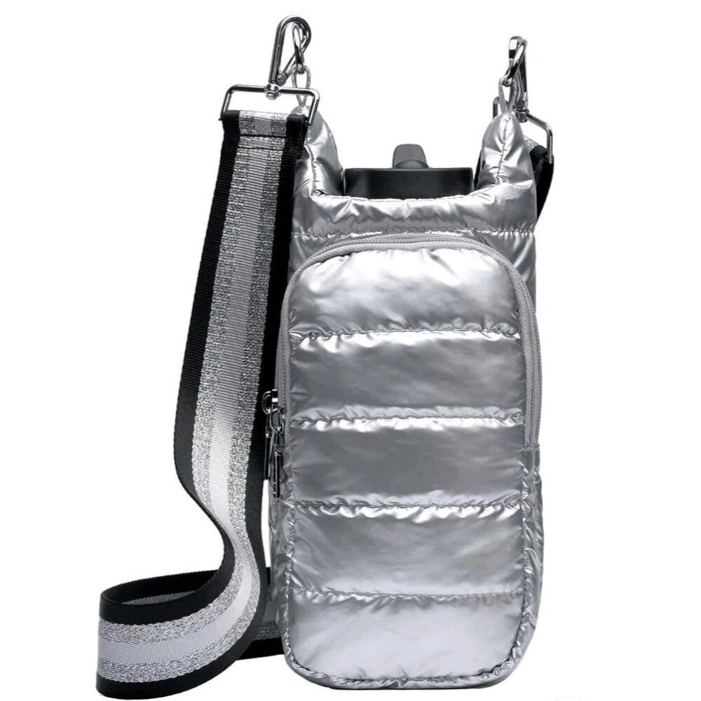 WanderFull Quilted Nylon Water Bottle Crossbody Bag Silver Puffer Style
